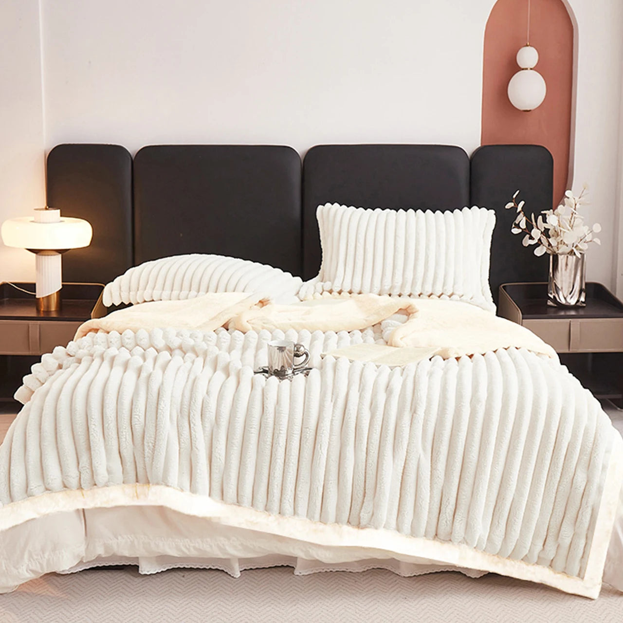 1pc Weighted Sherpa Fleece Blanket -Soft, Warm Faux Rabbit Fur Softness, Beige & White Striped Contemporary Bedspread for Bed