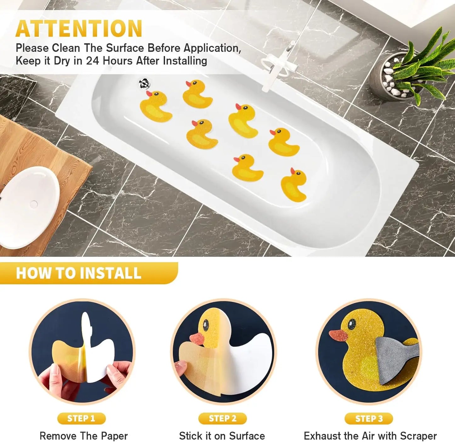20 PCS Cute Duck Non Slip Bathtub Stickers for Kids Bathtub, Adhesive Decals Scraper-Safety Bathroom Tubs, Shower Floor, Stairs