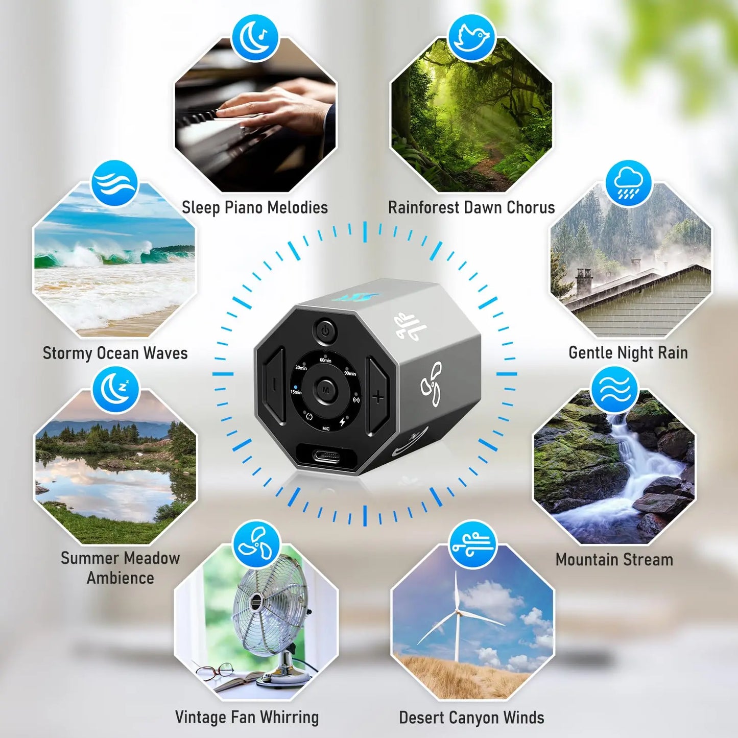 White Noise Machine, Gravity Sensing 8 Soothing Natural Sounds, Intelligent Collection of Environmental Noise