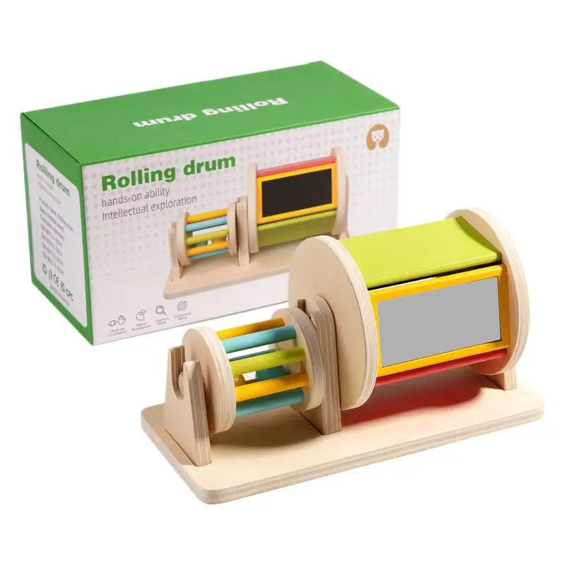 Wooden Montessori Color Rolling Drum Toy Mirror Spinning Puzzle Toy Baby Sensory Early Education Toys Birthday Gift