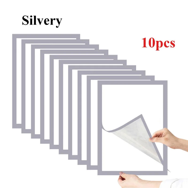10pcs Rectangular Magnetic Photo Frame A4/A6 Gold Silver Black Self Adhesive No Punch Display Frame Reusable Wall Poster Frame