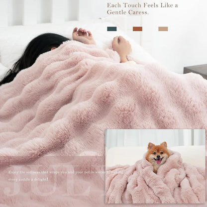 1pc Faux Rabbit Fleece Blanket - Weighted 6 lbs Faux Rabbit Fleece Blanket - Bedspread 3D Bubble & 800GSM